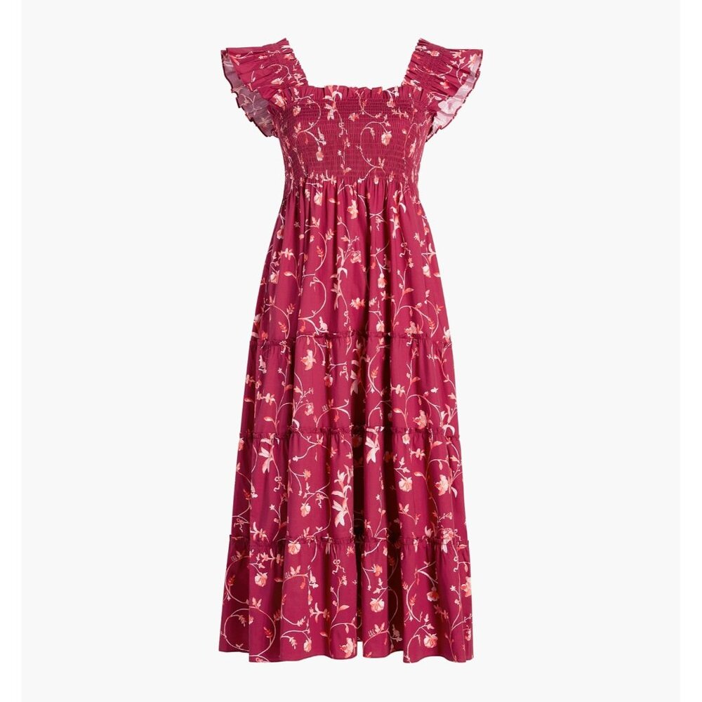 NWT Hill House Ellie Nap in Burgundy Botanical Floral Smocked Midi Dress L